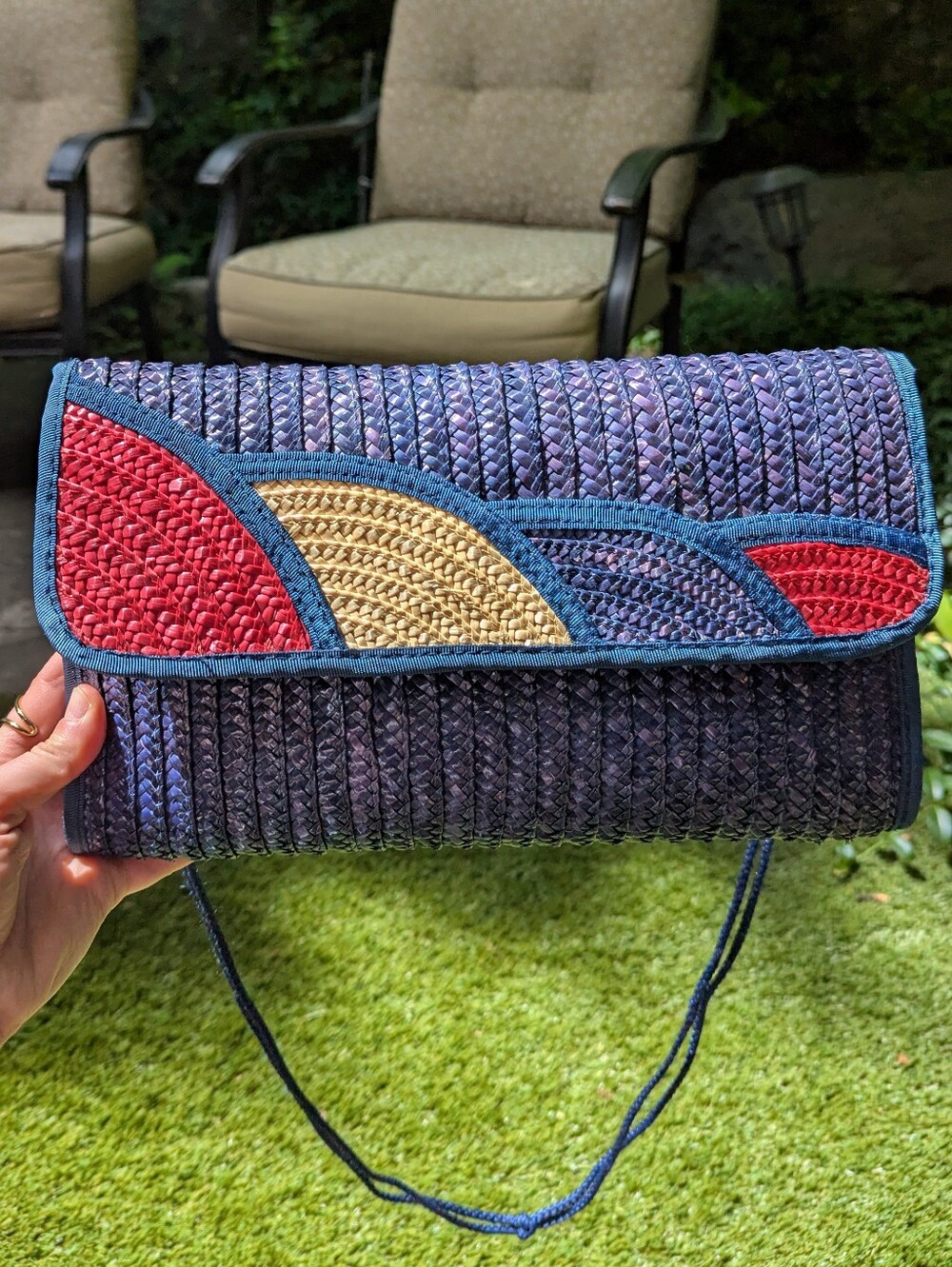 Vintage Handwoven Navy Red Straw Clutch Crossbody Bag Purse Coastal Grandma